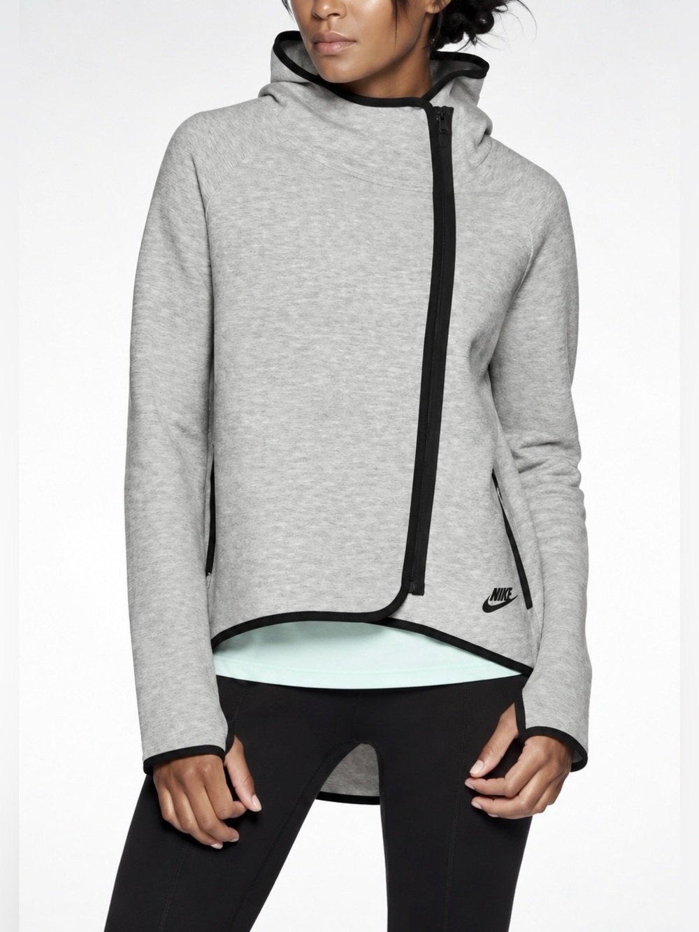 Nike Tech Fleece Jacket Womens Size M Gray Full Zip Asymmetrical Athleisure Run